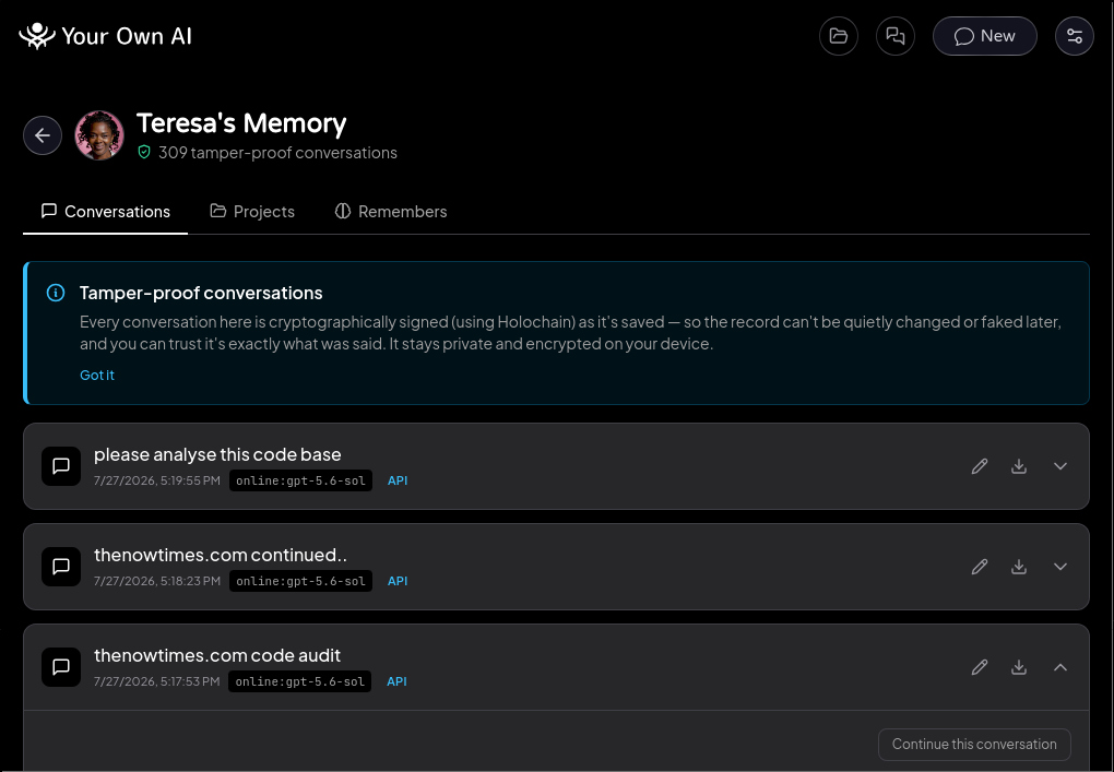 The Memory page - signed conversation records with verification hashes