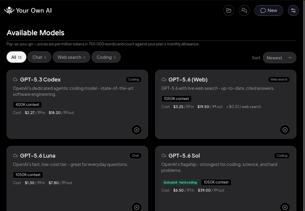 The Online Models page - frontier models with prices shown up front